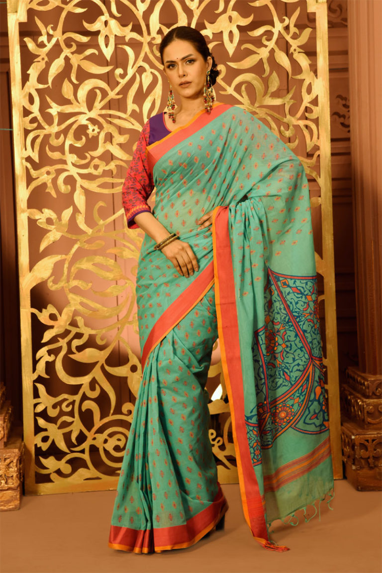 Pastel Green Cotton Printed & Embroidered Saree